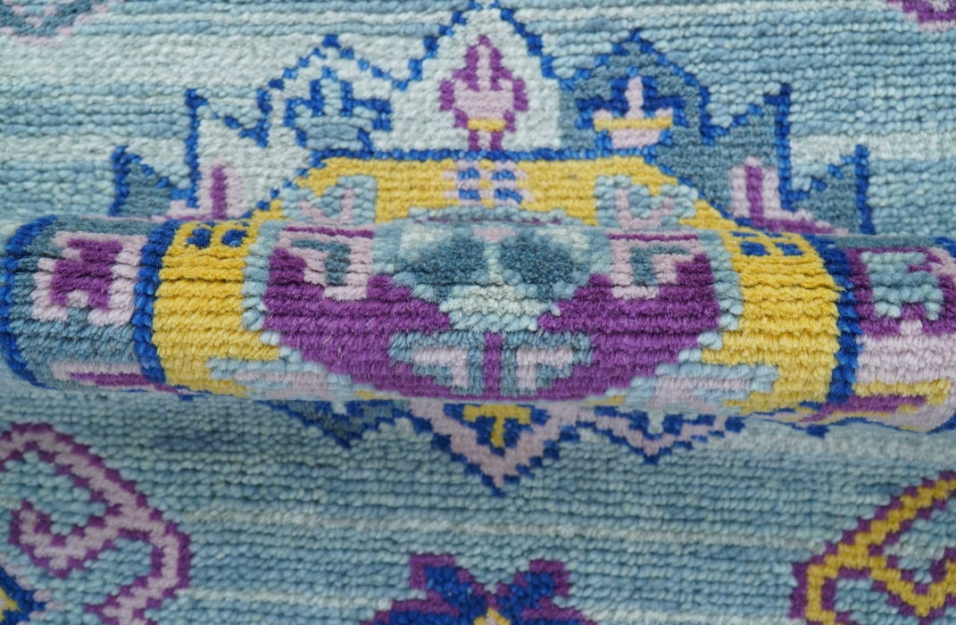 Hand knotted 2.6x10 Purple and Blue transitional geometrical Design Wool Area Rug