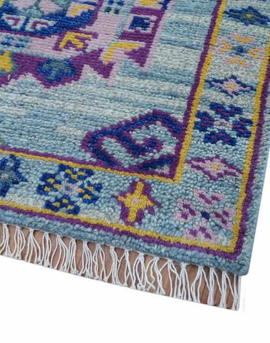 Hand knotted 2.6x10 Purple and Blue transitional geometrical Design Wool Area Rug
