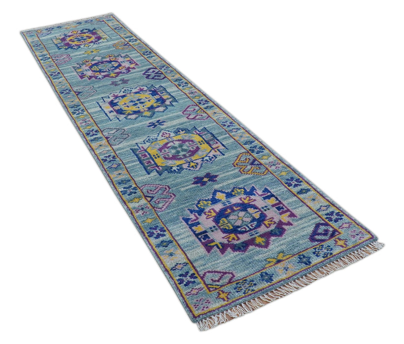 Hand knotted 2.6x10 Purple and Blue transitional geometrical Design Wool Area Rug