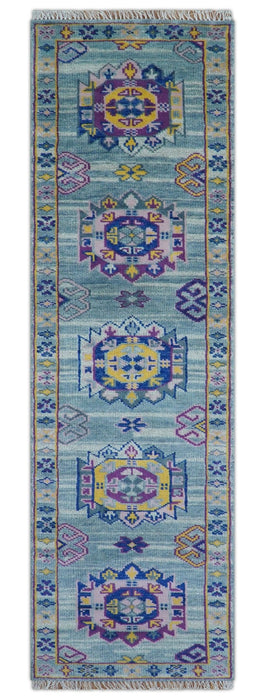 Hand knotted 2.6x10 Purple and Blue transitional geometrical Design Wool Area Rug