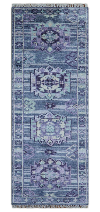 Hand knotted 2.6x8 Purple transitional geometrical Design Wool Area Rug
