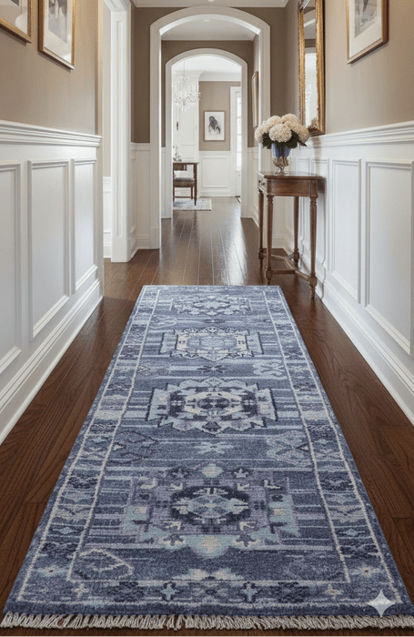 Hand knotted 2.6x8 Purple transitional geometrical Design Wool Area Rug