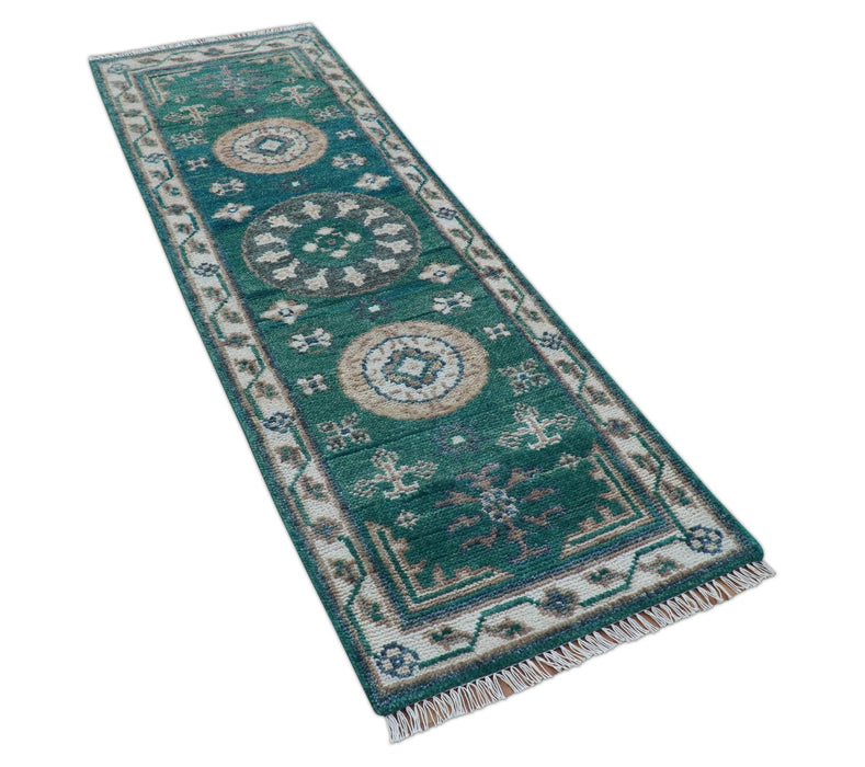Hand knotted 2.6x8 Teal Traditional Khotan Design Wool Area Rug