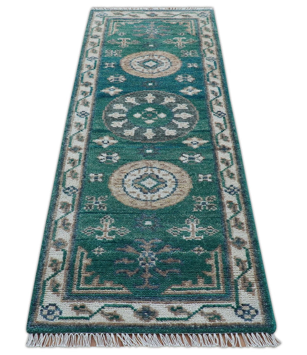Hand knotted 2.6x8 Teal Traditional Khotan Design Wool Area Rug