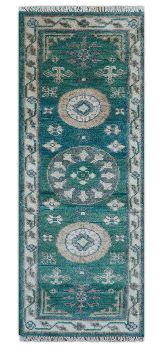 Hand knotted 2.6x8 Teal Traditional Khotan Design Wool Area Rug