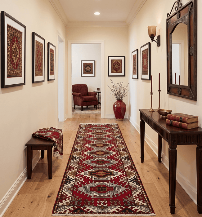 Hand Knotted 2.8x10 Traditional Kazak Ivory and Red Wool Area Rug