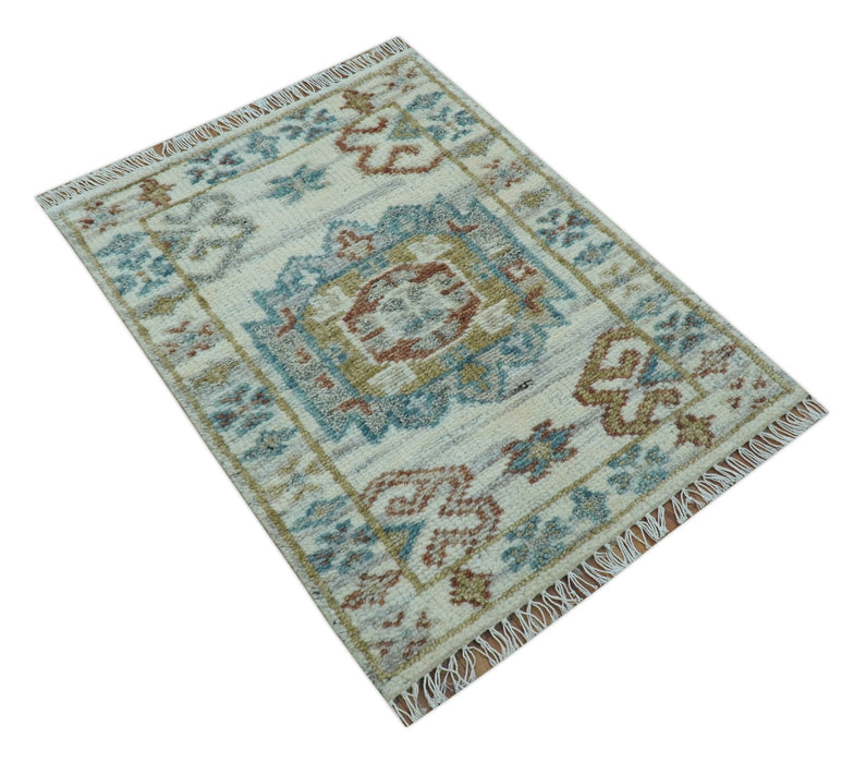Hand knotted 2x3 Ivory And Blue transitional geometrical Design Wool Area Rug
