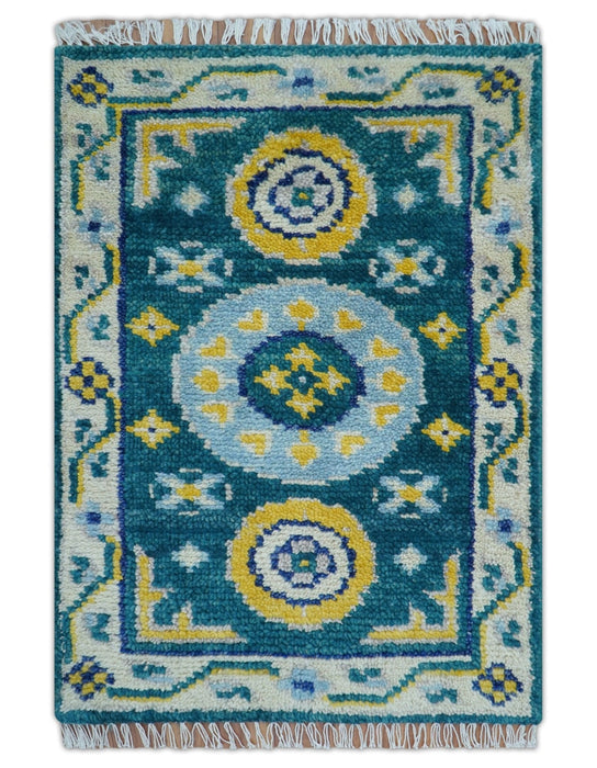 Hand knotted 2x3 Yellow And Teal Traditional Khotan Design Wool Area Rug