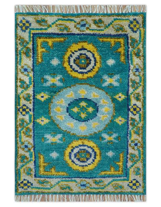 Hand knotted 2x3 Yellow And Teal Traditional Khotan Design Wool Area Rug