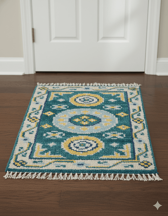 Hand knotted 2x3 Yellow And Teal Traditional Khotan Design Wool Area Rug