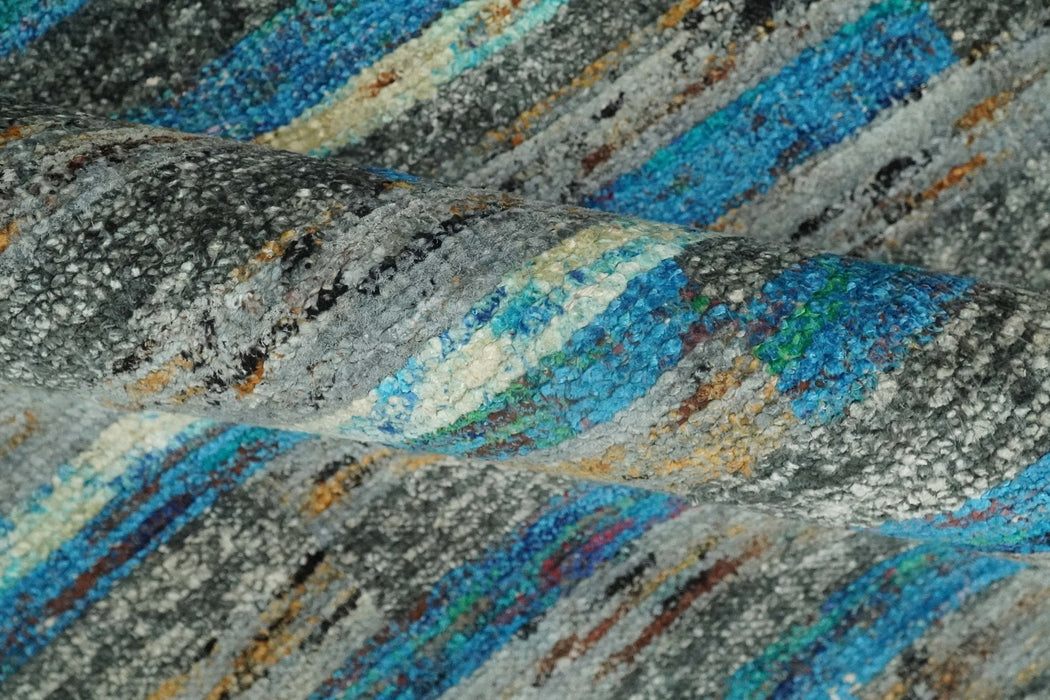 Hand Knotted 4.5x6.5 Gray, Ivory and Blue Modern Abstract Contemporary Recycled Silk Area Rug | OP67