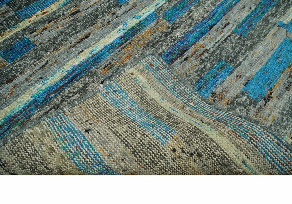 Hand Knotted 4.5x6.5 Gray, Ivory and Blue Modern Abstract Contemporary Recycled Silk Area Rug | OP67