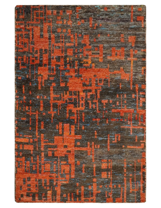 Hand Knotted 4x6 Rust and Charcoal Modern Abstract Contemporary Recycled Silk Area Rug | OP62