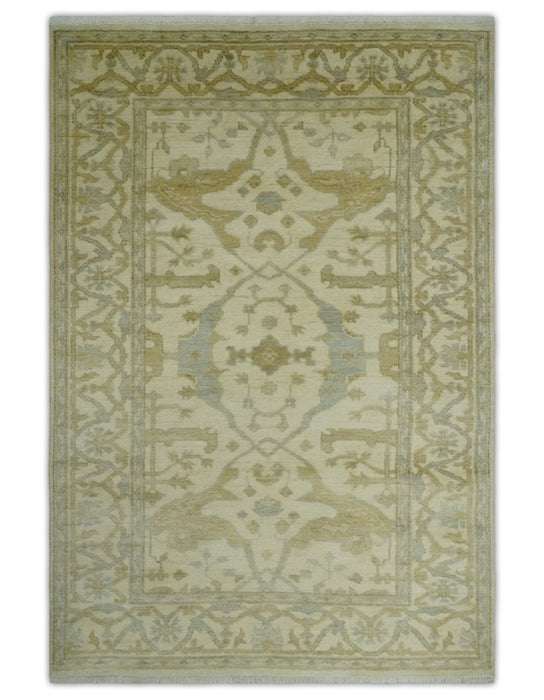 Hand Knotted 4x6 Oriental Oushak Beige an Gray Wool Area Rug, Small Turkish Design Rug | N35146