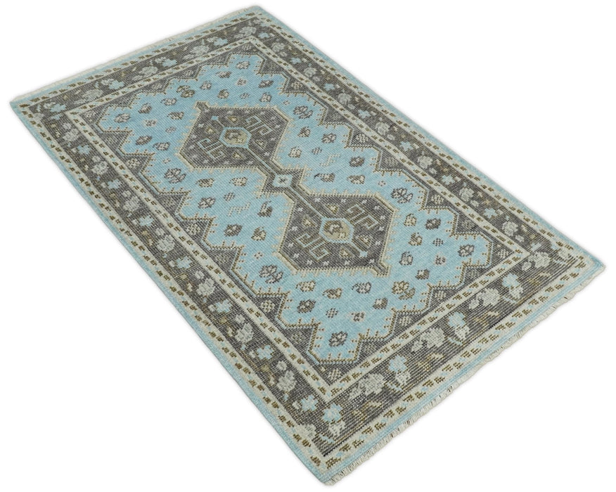 Hand knotted 4x6 Persian Blue and Brown Antique Vintage Wool Area Rug  | TRD242846