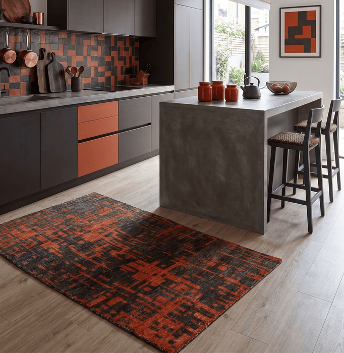 Hand Knotted 4x6 Rust and Charcoal Modern Abstract  Recycled Silk Area Rug