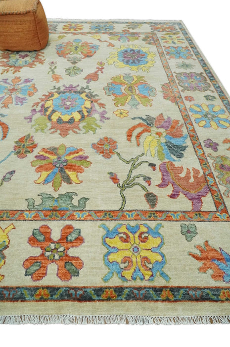 Vibrant colorful Beige, Rust, Blue and Mustard Hand Knotted Traditional Oushak Multi Size wool Area Rug