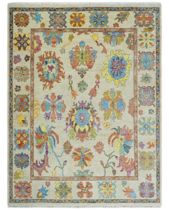 Vibrant colorful Beige, Rust, Blue and Mustard Hand Knotted Traditional Oushak Multi Size wool Area Rug
