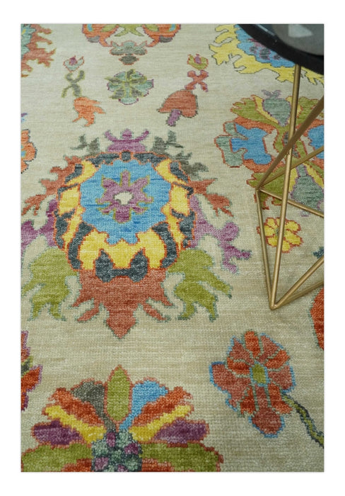 Vibrant colorful Beige, Rust, Blue and Mustard Hand Knotted Traditional Oushak Multi Size wool Area Rug