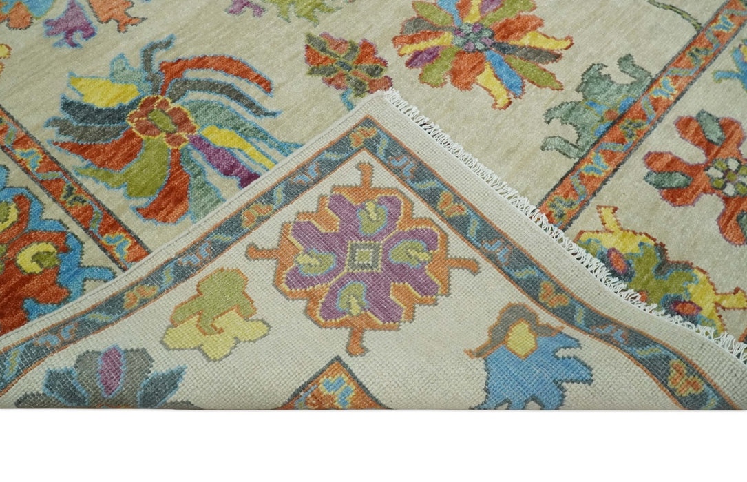 Vibrant colorful Beige, Rust, Blue and Mustard Hand Knotted Traditional Oushak Multi Size wool Area Rug