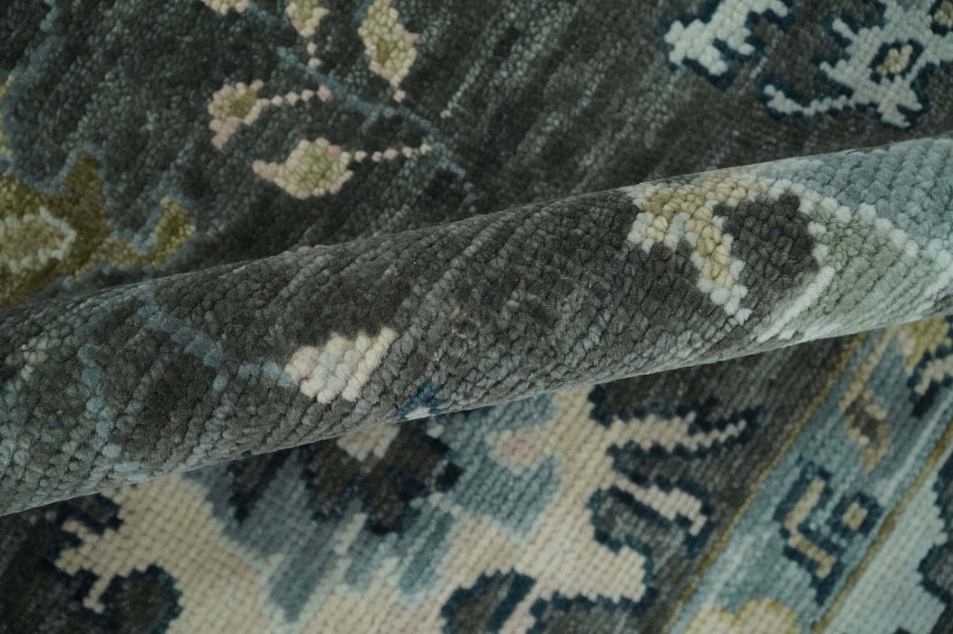 Custom Made Hand Knotted Charcoal and Ivory Traditional Oushak Wool Area Rug