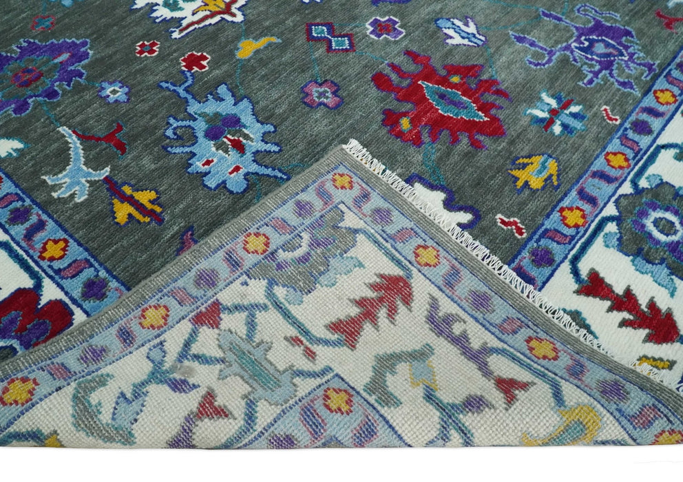 Hand Knotted Charcoal and Ivory Traditional Persian Oushak Wool Rug