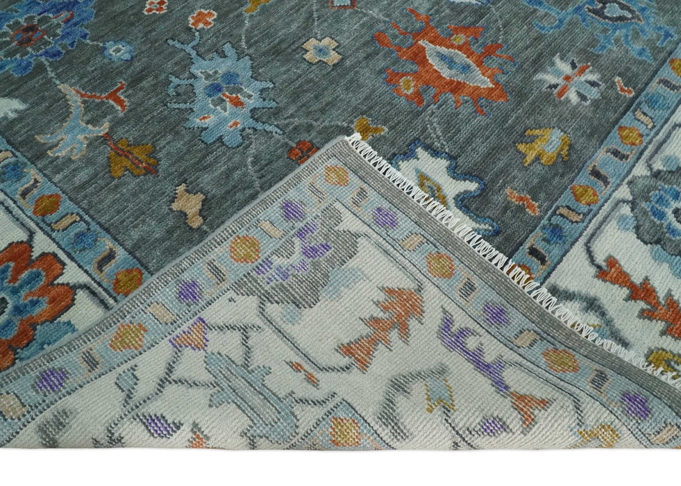 Vibrant Colorful Hand Knotted Charcoal, Ivory, Blue and Rust Traditional Oushak Multi Size wool Area Rug