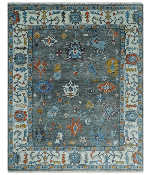 Vibrant Colorful Hand Knotted Charcoal, Ivory, Blue and Rust Traditional Oushak Multi Size wool Area Rug