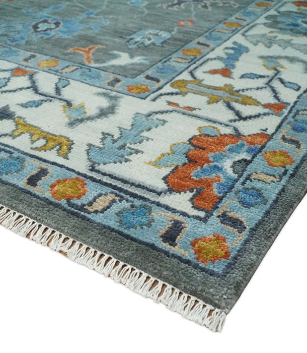 Vibrant Colorful Hand Knotted Charcoal, Ivory, Blue and Rust Traditional Oushak Multi Size wool Area Rug