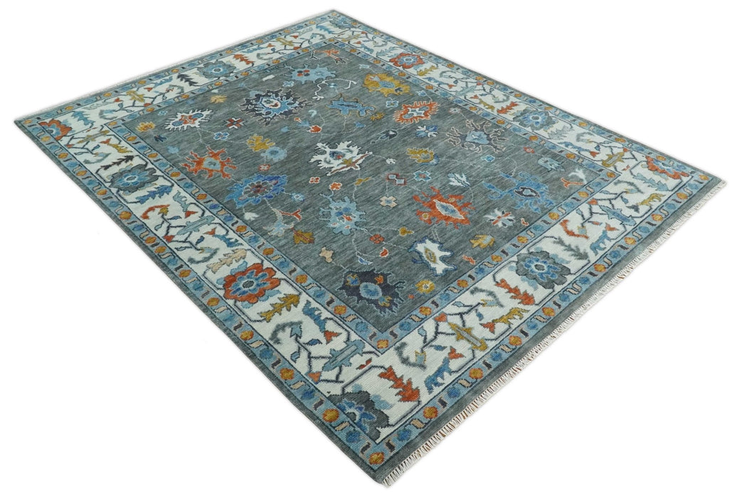 Vibrant Colorful Hand Knotted Charcoal, Ivory, Blue and Rust Traditional Oushak Multi Size wool Area Rug