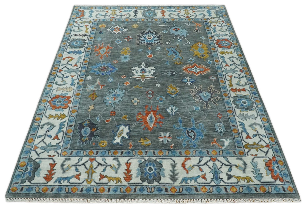 Vibrant Colorful Hand Knotted Charcoal, Ivory, Blue and Rust Traditional Oushak Multi Size wool Area Rug