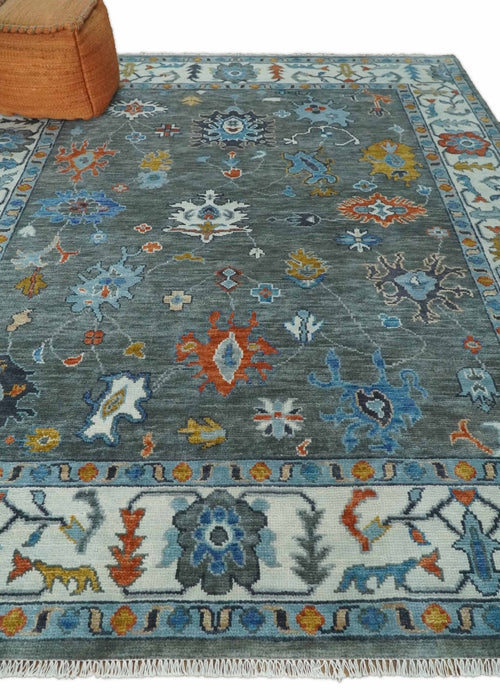 Vibrant Colorful Hand Knotted Charcoal, Ivory, Blue and Rust Traditional Oushak Multi Size wool Area Rug