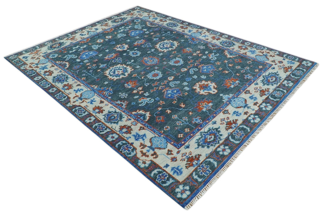 Hand Knotted Teal, Blue and Ivory Traditional Oriental Oushak Wool Area Rug