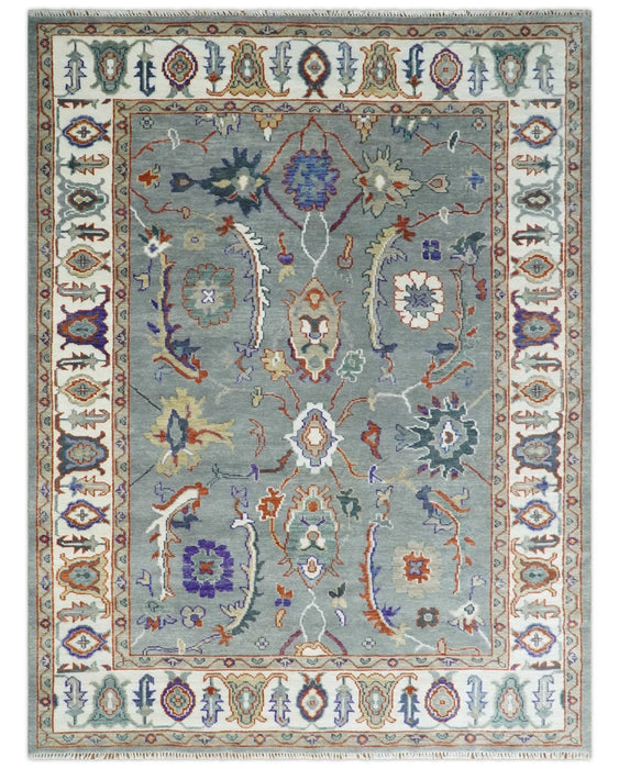 Hand Knotted Gray and Ivory Traditional Oriental Oushak Wool Area Rug