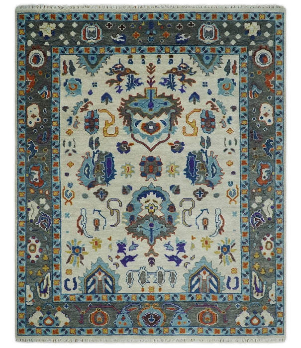 Vibrant Colorful Hand Knotted Ivory, Charcoal and Blue Traditional Oushak Multi size Wool Area Rug