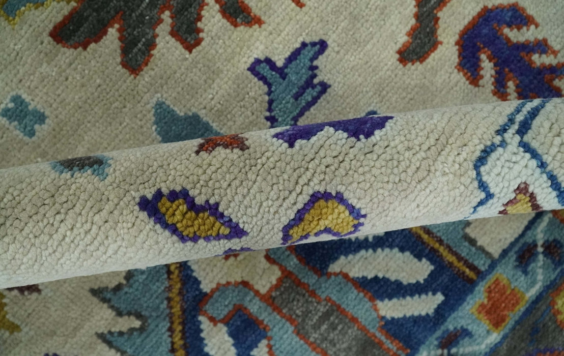 Vibrant Colorful Hand Knotted Ivory, Charcoal and Blue Traditional Oushak Multi size Wool Area Rug