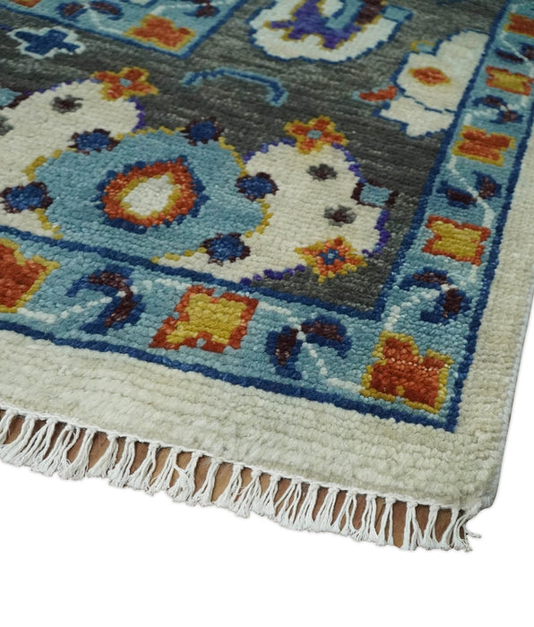 Vibrant Colorful Hand Knotted Ivory, Charcoal and Blue Traditional Oushak Multi size Wool Area Rug