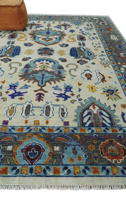 Vibrant Colorful Hand Knotted Ivory, Charcoal and Blue Traditional Oushak Multi size Wool Area Rug