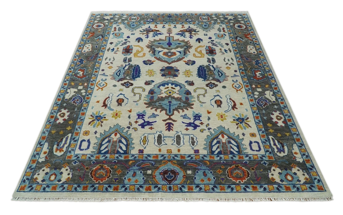 Vibrant Colorful Hand Knotted Ivory, Charcoal and Blue Traditional Oushak Multi size Wool Area Rug