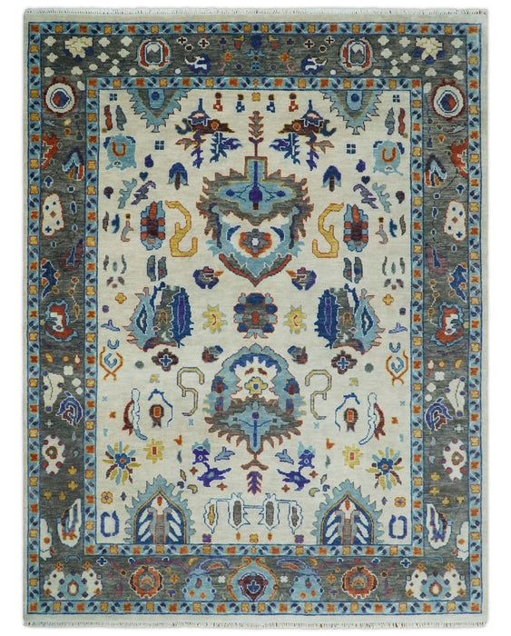 Vibrant Colorful Hand Knotted Ivory, Charcoal and Blue Traditional Oushak Multi size Wool Area Rug