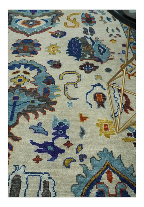 Vibrant Colorful Hand Knotted Ivory, Charcoal and Blue Traditional Oushak Multi size Wool Area Rug