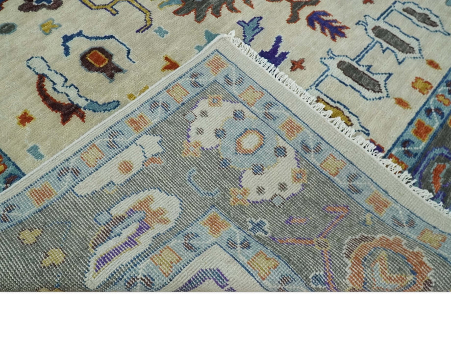Vibrant Colorful Hand Knotted Ivory, Charcoal and Blue Traditional Oushak Multi size Wool Area Rug