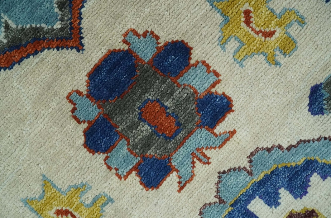 Vibrant Colorful Hand Knotted Ivory, Charcoal and Blue Traditional Oushak Multi size Wool Area Rug