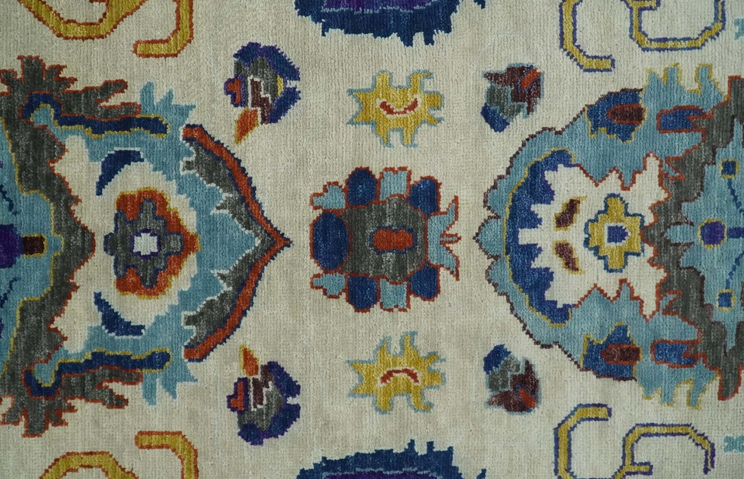 Vibrant Colorful Hand Knotted Ivory, Charcoal and Blue Traditional Oushak Multi size Wool Area Rug