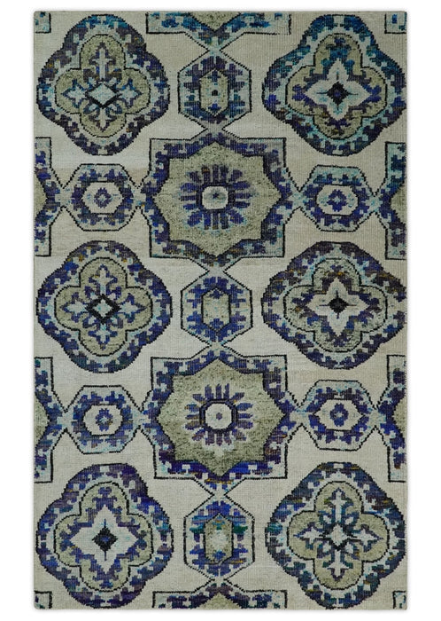 Hand Knotted 5x8 Beige, Violet and Olive Persian made of Recycled Silk Area Rug | OP98