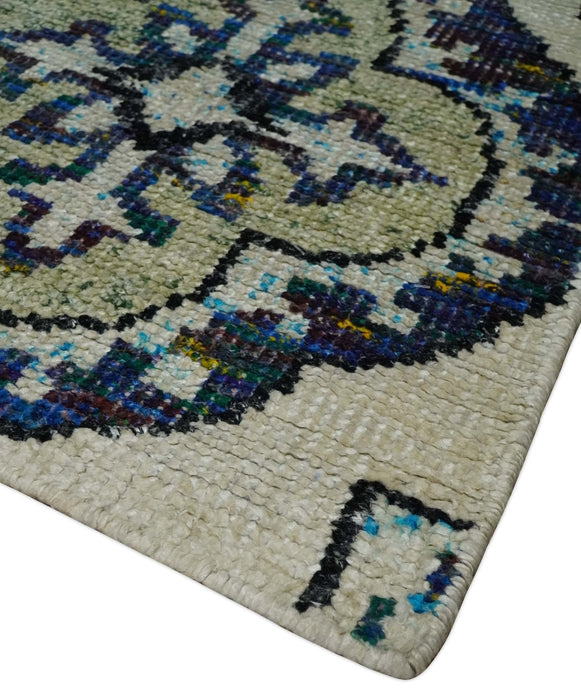 Hand Knotted 5x8 Beige, Violet and Olive Persian made of Recycled Silk Area Rug | OP98