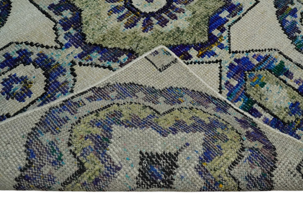 Hand Knotted 5x8 Beige, Violet and Olive Persian made of Recycled Silk Area Rug | OP98
