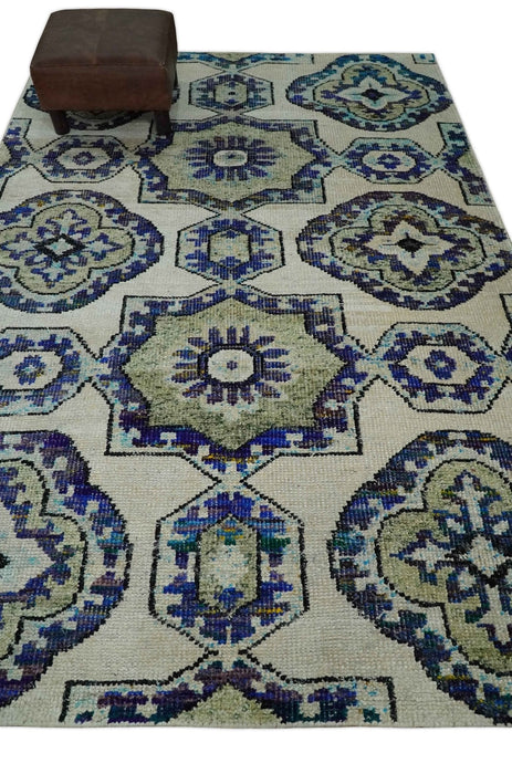 Hand Knotted 5x8 Beige, Violet and Olive Persian made of Recycled Silk Area Rug | OP98