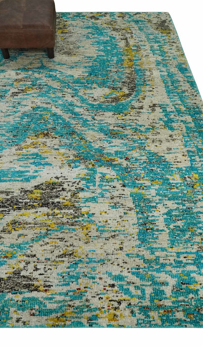 Hand Knotted 5x8 Blue, Ivory and Brown Modern Abstract Contemporary Recycled Silk Area Rug | OP79
