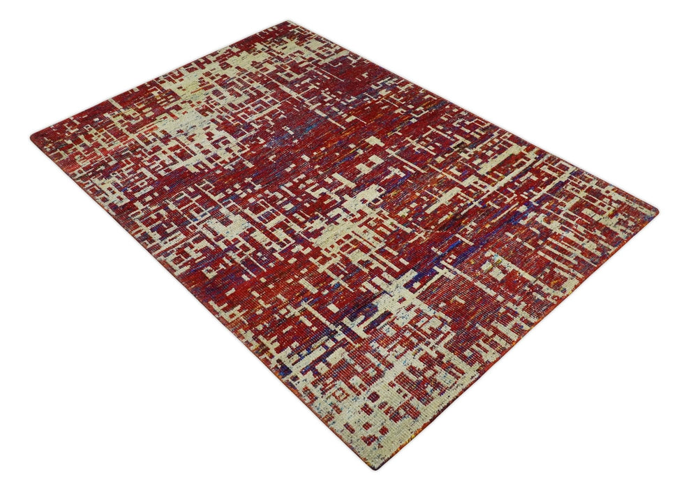 Hand Knotted 5x8 Camel, Rust and Blue Modern Abstract Contemporary Recycled Silk Area Rug | OP126